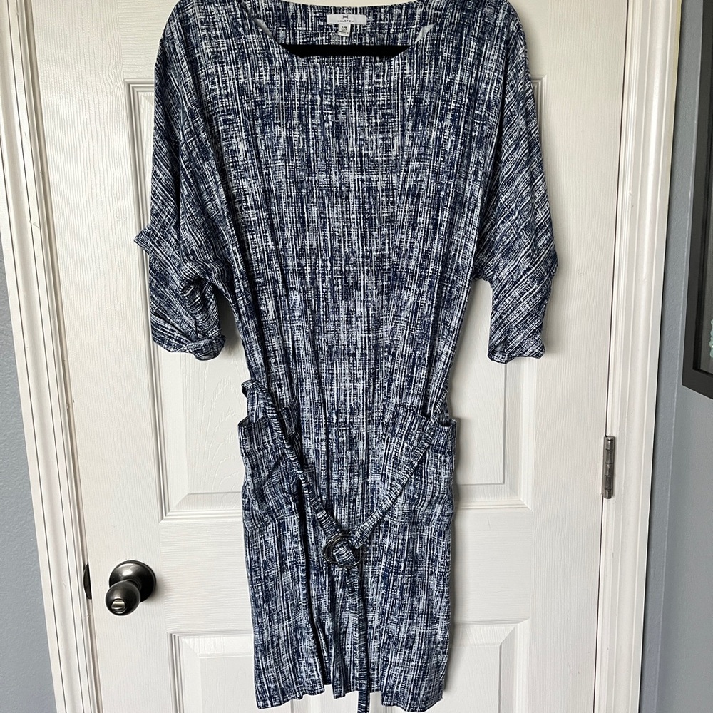 Halston belted blue and white shift dress - L